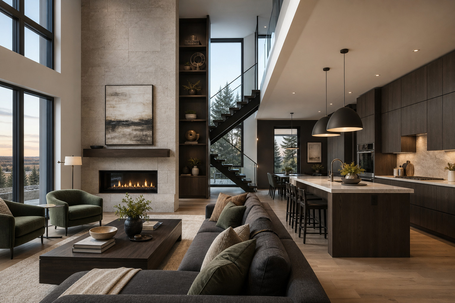 Concept visualization of a contemporary great room and kitchen